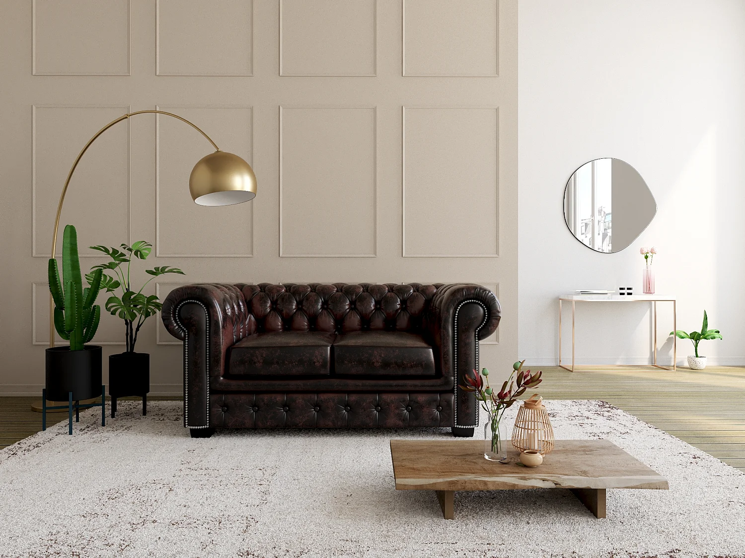 Sofá 2 lugares 100% pele de búfalo Castanho com reflexos castanhos estilo chesterfield - BRENTON