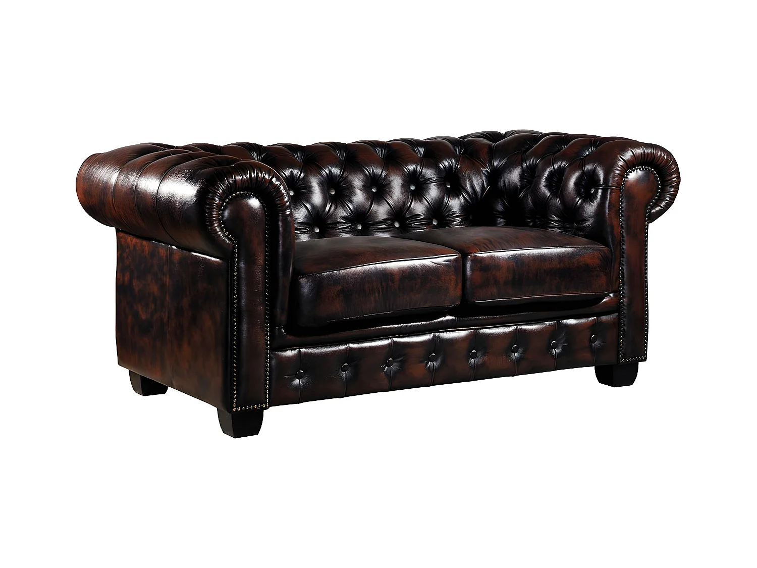 Canapé chesterfield 2 places BRENTON 100% cuir de buffle - Marron reflets châtains
