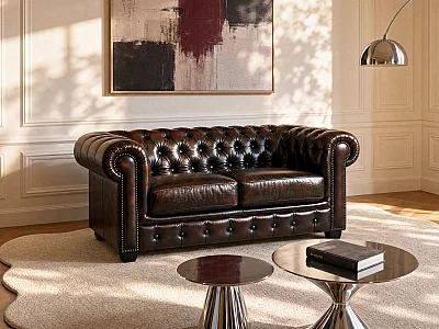 Chesterfield Ledersofa 2-Sitzer - Büffelleder - Braun - BRENTON