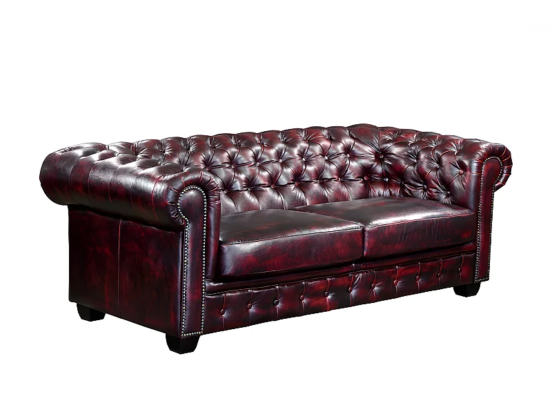 Canapé chesterfield 3 places BRENTON 100% cuir de buffle - Bordeaux