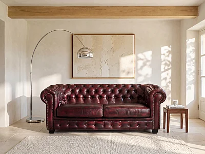 Chesterfield Ledersofa 3-Sitzer - Büffelleder - Rotbraun - BRENTON