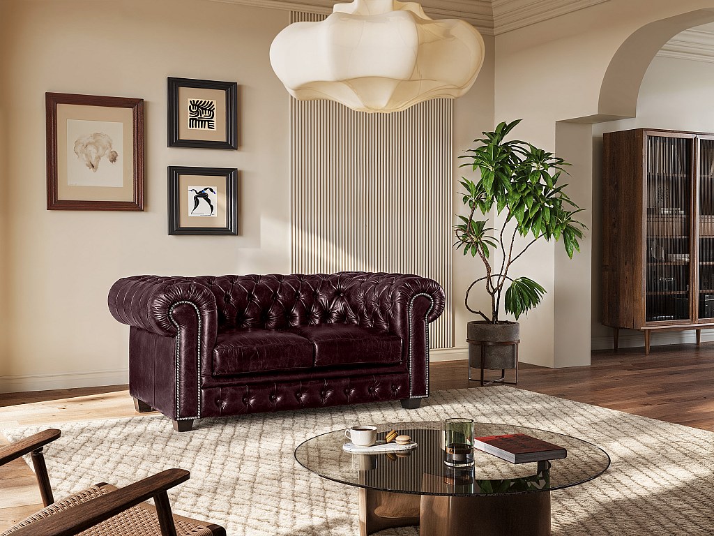 Chesterfield Ledersofa 2-Sitzer - Büffelleder - Rotbraun - BRENTON günstig online kaufen