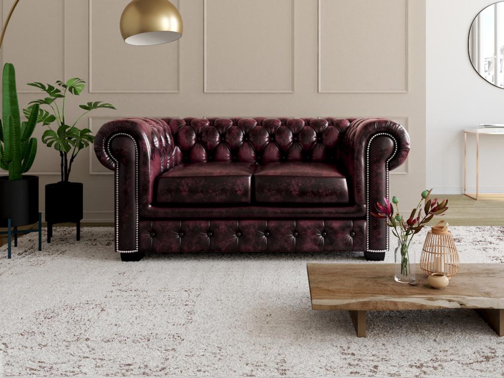 Chesterfield Ledersofa 2-Sitzer - Büffelleder - Rotbraun - BRENTON günstig online kaufen