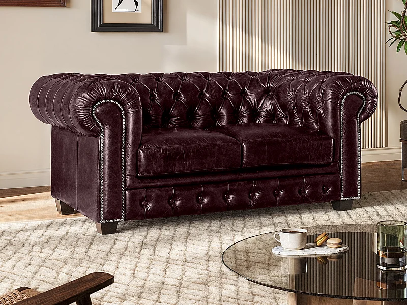 Tweezitsbank Chesterfield BRENTON 100% buffelleer - cherry