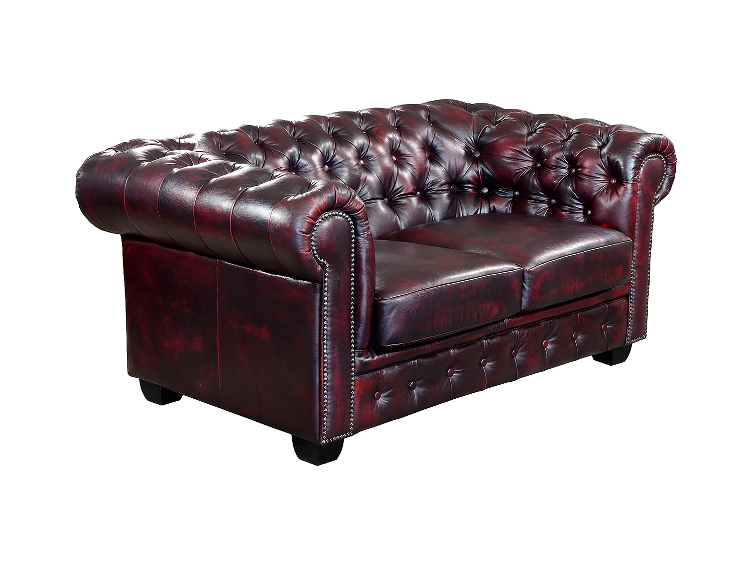 Kanapa 2-osobowa chesterfield BRENTON 100% skóry bawolej - Kolor: cherry