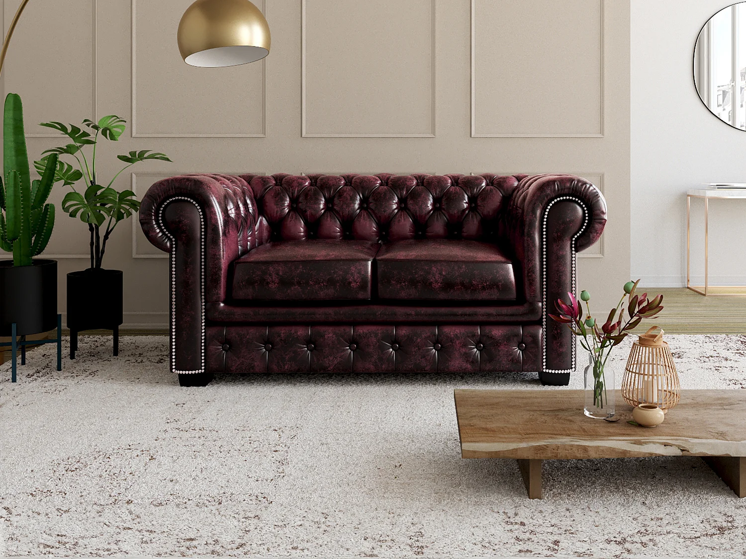 Canapé chesterfield 2 places BRENTON 100% cuir de buffle - Bordeaux