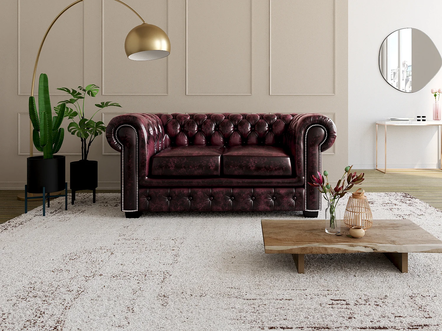 Tweezitsbank Chesterfield BRENTON 100% buffelleer - cherry