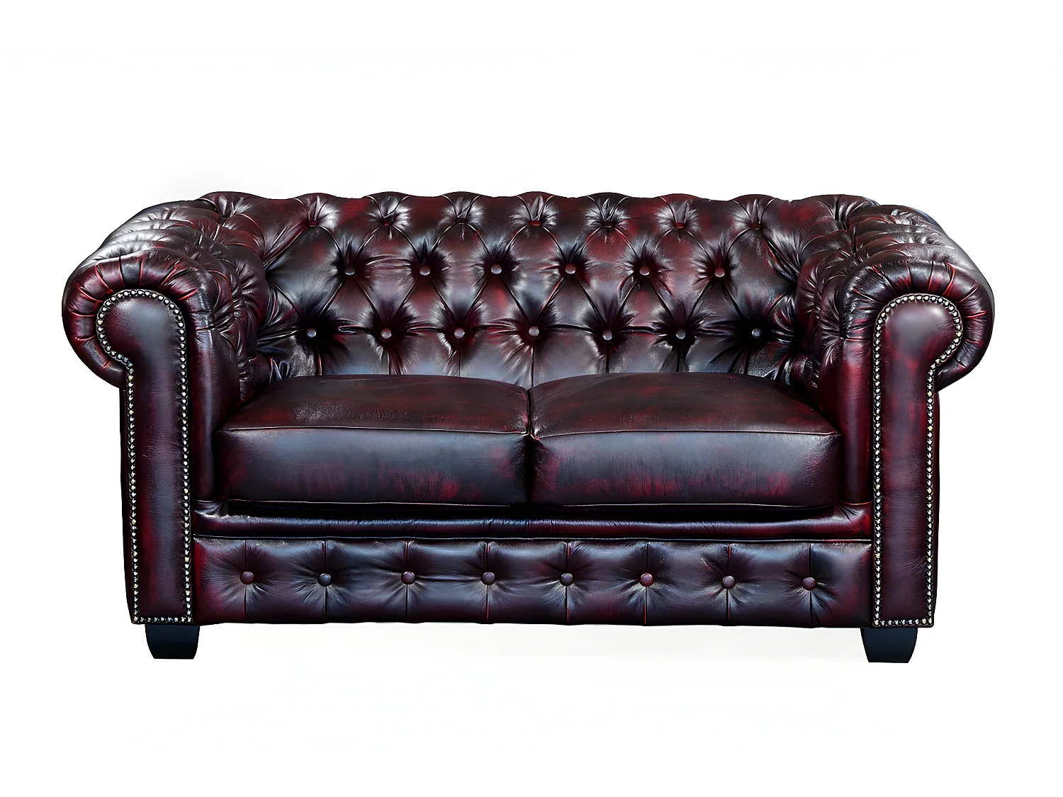 Canapé chesterfield 2 places BRENTON 100% cuir de buffle - Bordeaux