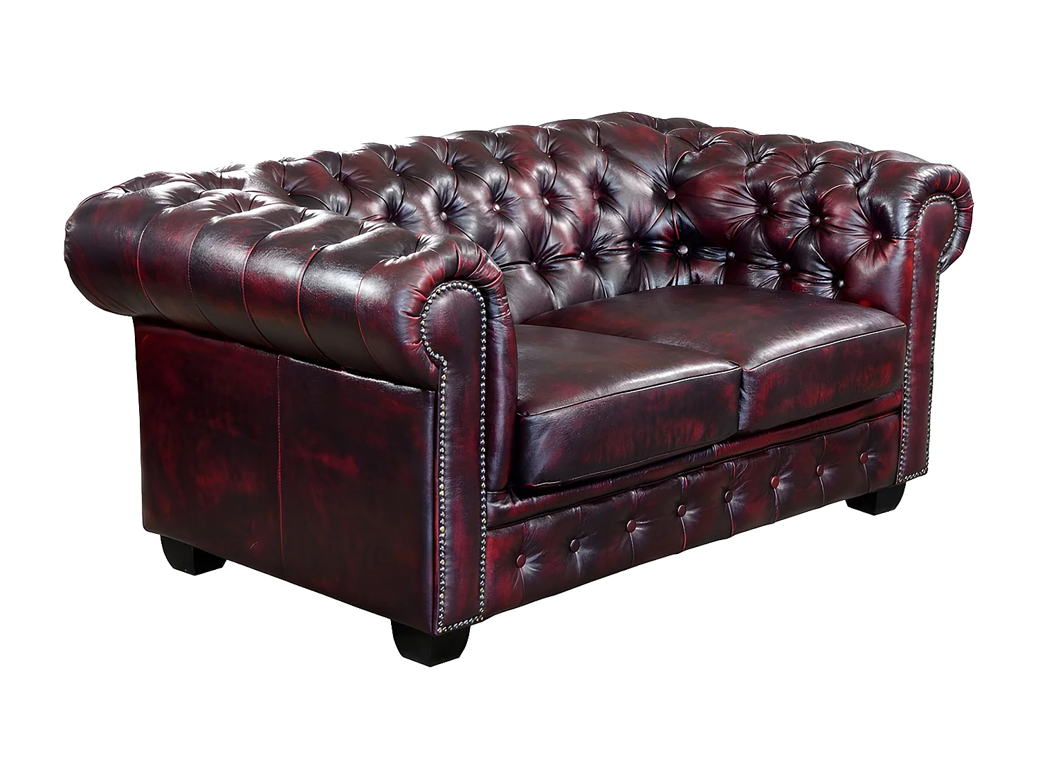 Canapé chesterfield 2 places BRENTON 100% cuir de buffle - Bordeaux