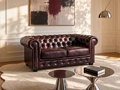Tweezitsbank Chesterfield BRENTON 100% buffelleer - cherry