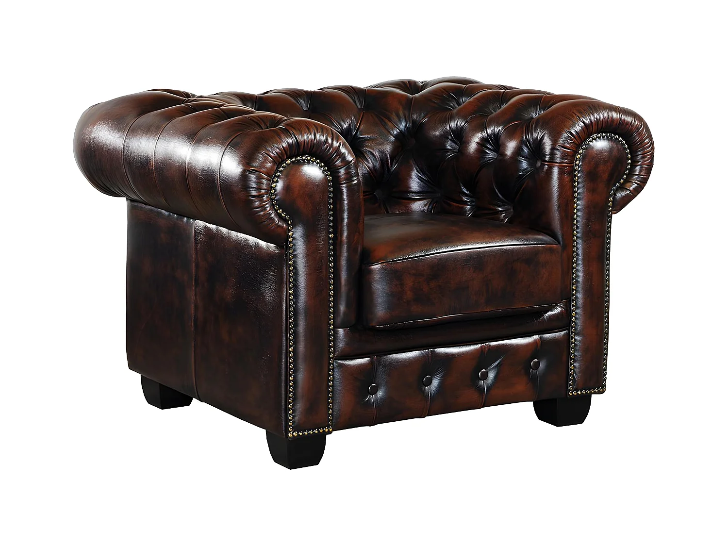 Fauteuil chesterfield BRENTON 100% cuir de buffle - Marron reflets châtains