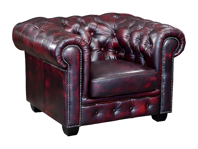 Fauteuil chesterfield BRENTON 100% cuir de buffle - Bordeaux