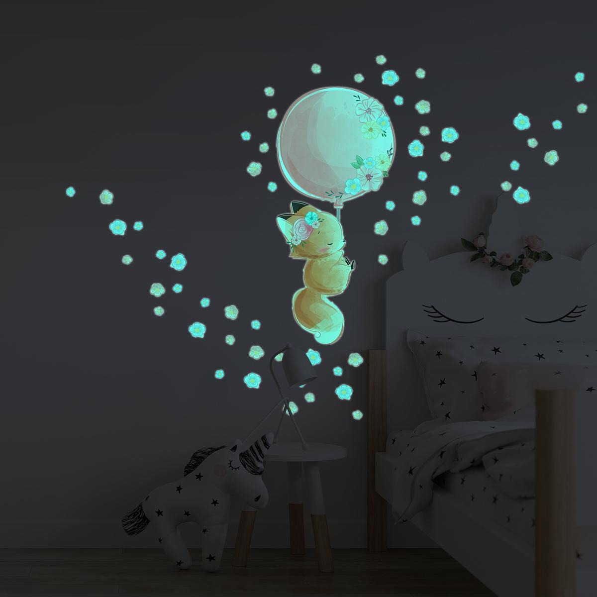 Sticker phosphorescent lumineux - ANIMAUX ASTRONAUTES DANS L'ESPACE -  Autocollant mural plafond enfant fluorescent - 160x120cm