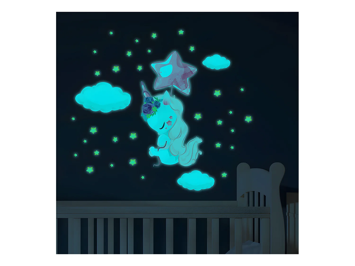 Sticker phosphorescent lumineux - LICORNE ENVOLÉ + 110 ÉTOILES - Autocollant mural plafond enfant fluorescent - 40x30cm