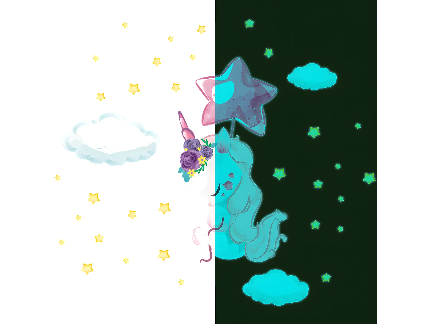 Sticker phosphorescent lumineux - LICORNE ENVOLÉ + 110 ÉTOILES - Autocollant mural plafond enfant fluorescent - 40x30cm