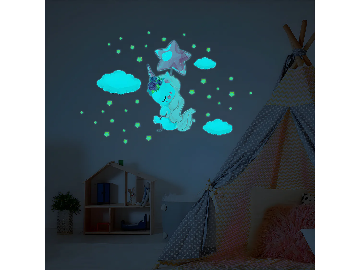 Sticker phosphorescent lumineux - LICORNE ENVOLÉ + 110 ÉTOILES - Autocollant mural plafond enfant fluorescent - 40x30cm