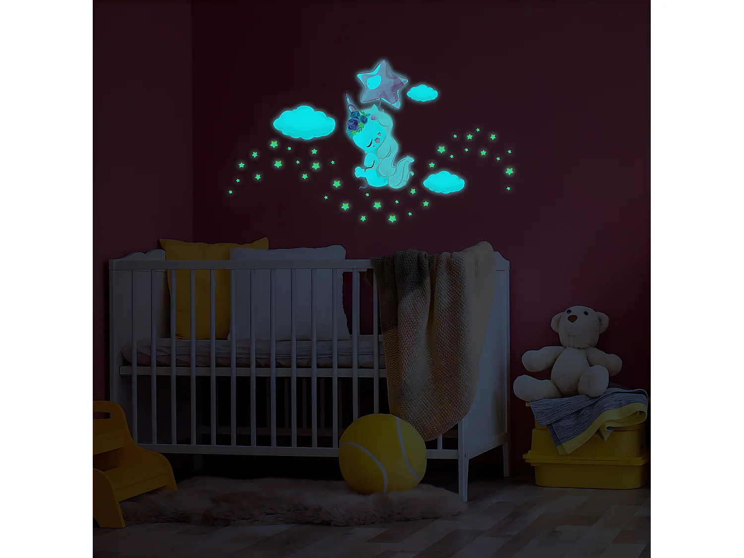 Sticker phosphorescent lumineux - LICORNE ENVOLÉ + 110 ÉTOILES - Autocollant mural plafond enfant fluorescent - 40x30cm
