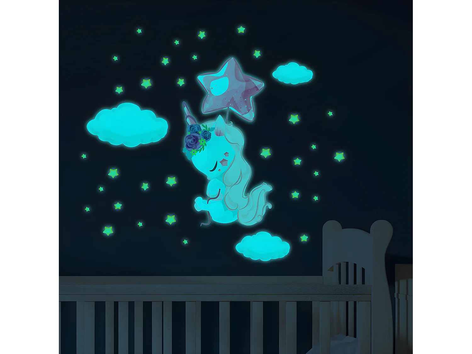 Sticker phosphorescent lumineux - LICORNE ENVOLÉ + 110 ÉTOILES - Autocollant mural plafond enfant fluorescent - 40x30cm