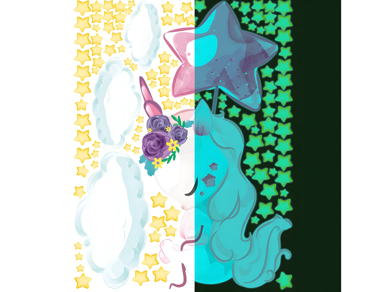 Sticker phosphorescent lumineux - LICORNE ENVOLÉ + 110 ÉTOILES - Autocollant mural plafond enfant fluorescent - 40x30cm