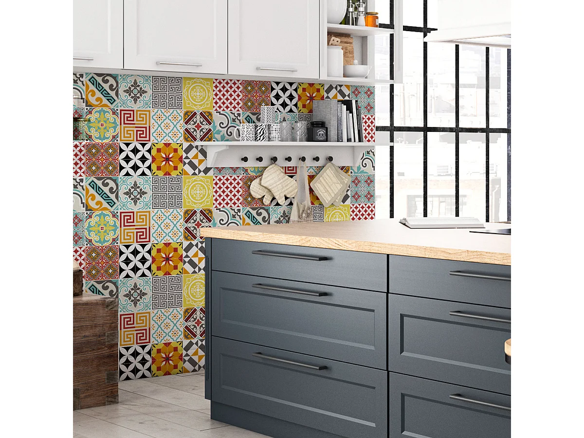 Sticker Mural Carrelage adhésif Cuisine Salle de Bain - 15 STICKERS CARRELAGES AZULEJOS MOSAÏQUE MULTICOLORE - 15stickers15x15cm