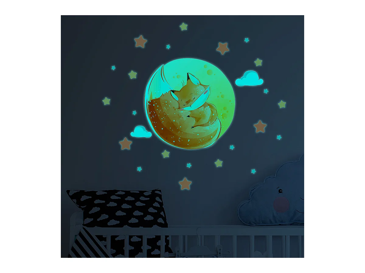 Sticker phosphorescent lumineux - RENARD RÊVEUR + 50 ÉTOILES - Autocollant mural plafond enfant fluorescent - 30x40cm