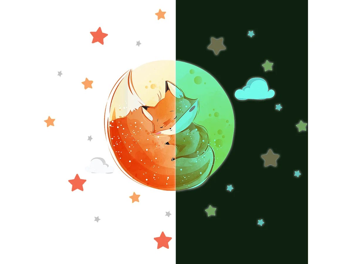 Sticker phosphorescent lumineux - RENARD RÊVEUR + 50 ÉTOILES - Autocollant mural plafond enfant fluorescent - 30x40cm