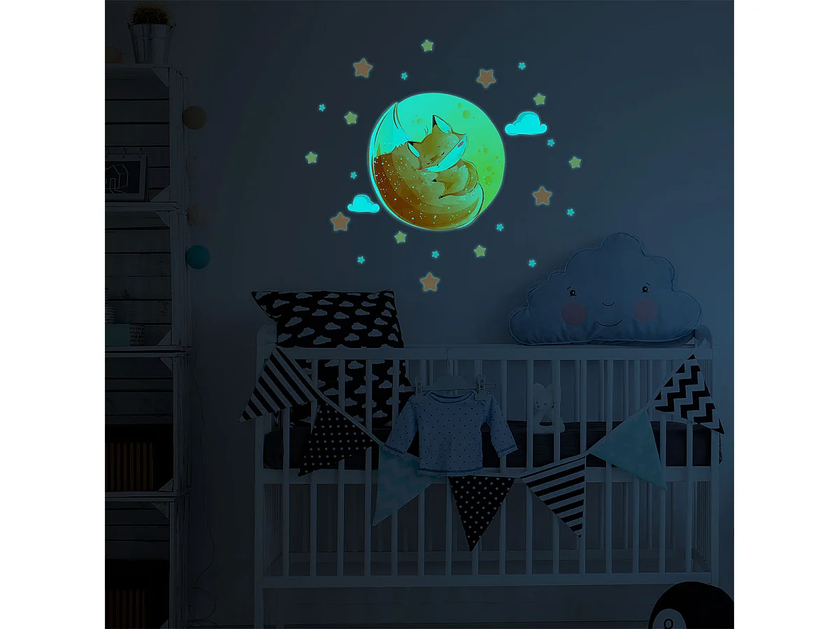 Sticker phosphorescent lumineux - RENARD RÊVEUR + 50 ÉTOILES - Autocollant mural plafond enfant fluorescent - 30x40cm