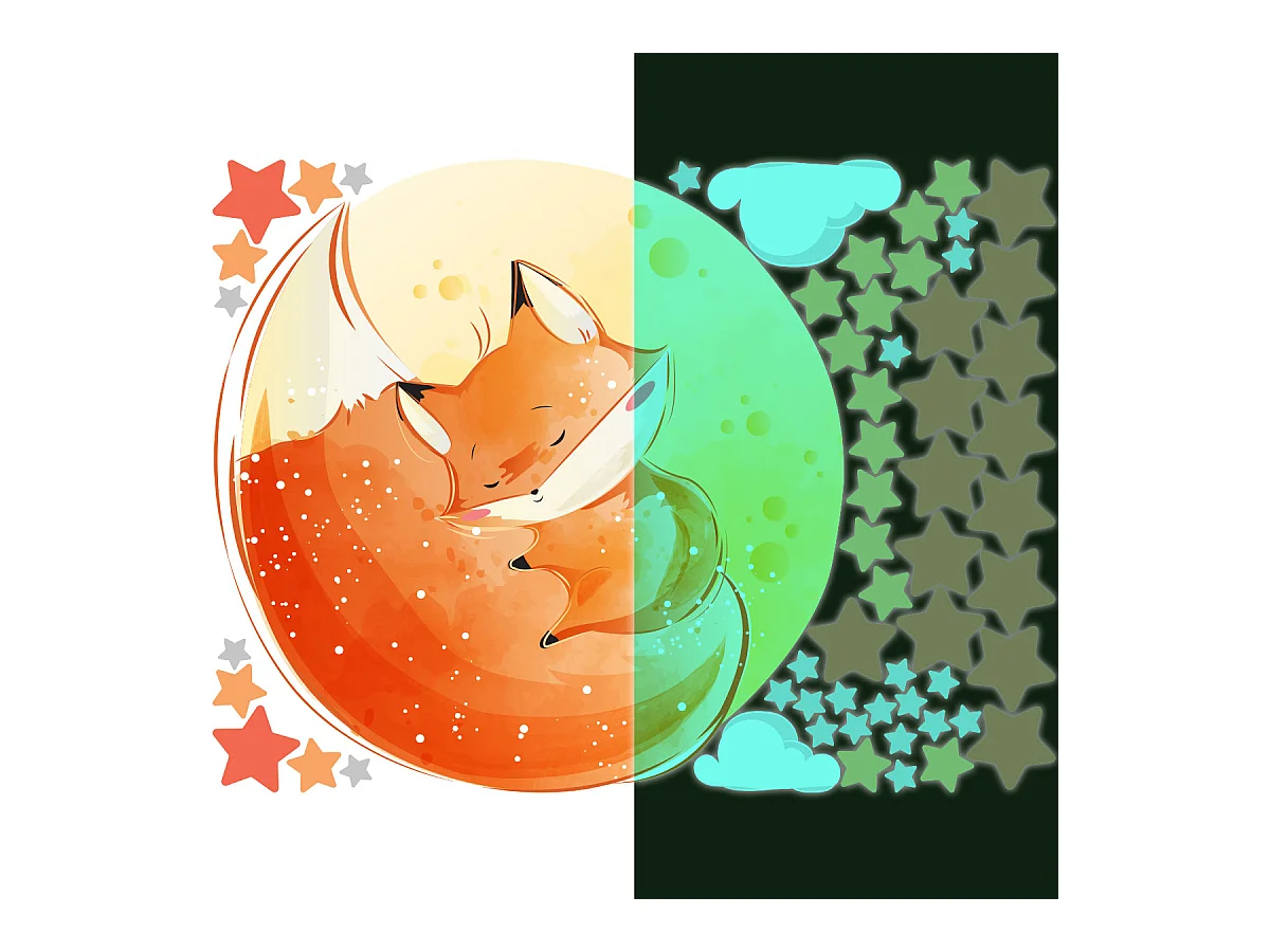 Sticker phosphorescent lumineux - RENARD RÊVEUR + 50 ÉTOILES - Autocollant mural plafond enfant fluorescent - 30x40cm