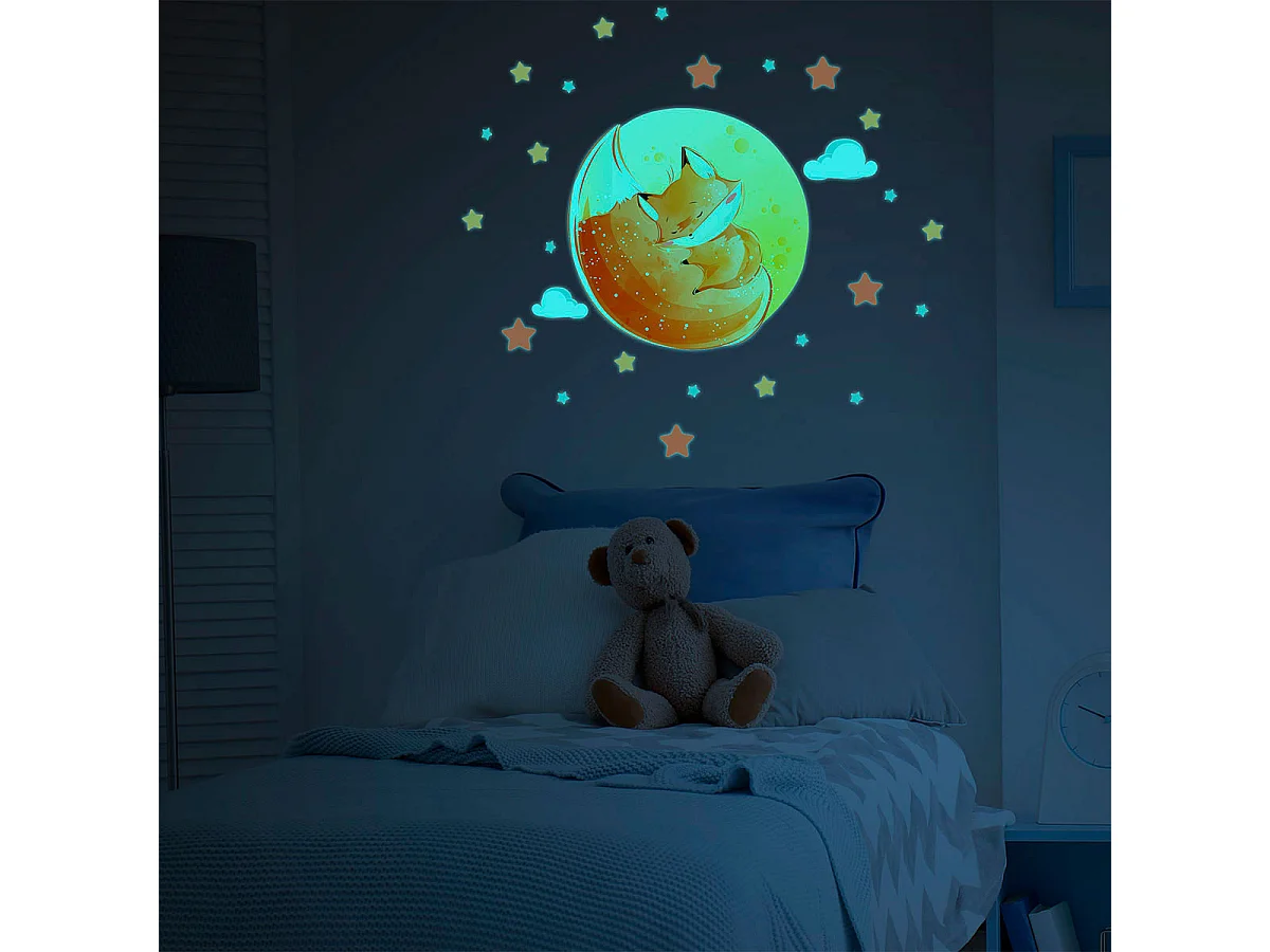 Sticker phosphorescent lumineux - RENARD RÊVEUR + 50 ÉTOILES - Autocollant mural plafond enfant fluorescent - 30x40cm