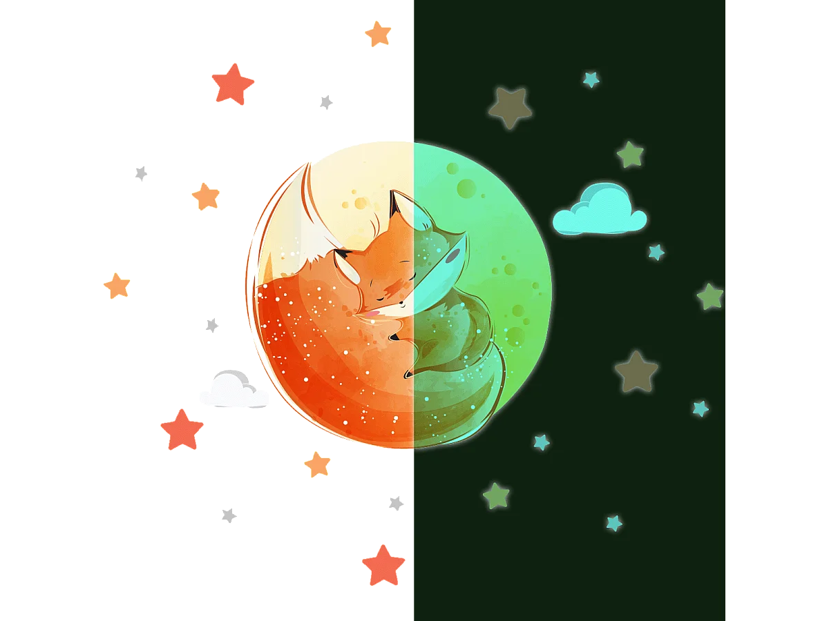 Sticker phosphorescent lumineux - RENARD RÊVEUR + 50 ÉTOILES - Autocollant mural plafond enfant fluorescent - 30x40cm