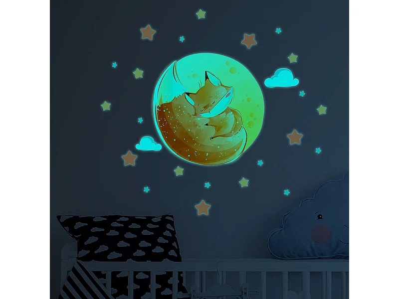 Sticker phosphorescent lumineux - RENARD RÊVEUR + 50 ÉTOILES - Autocollant mural plafond enfant fluorescent - 30x40cm