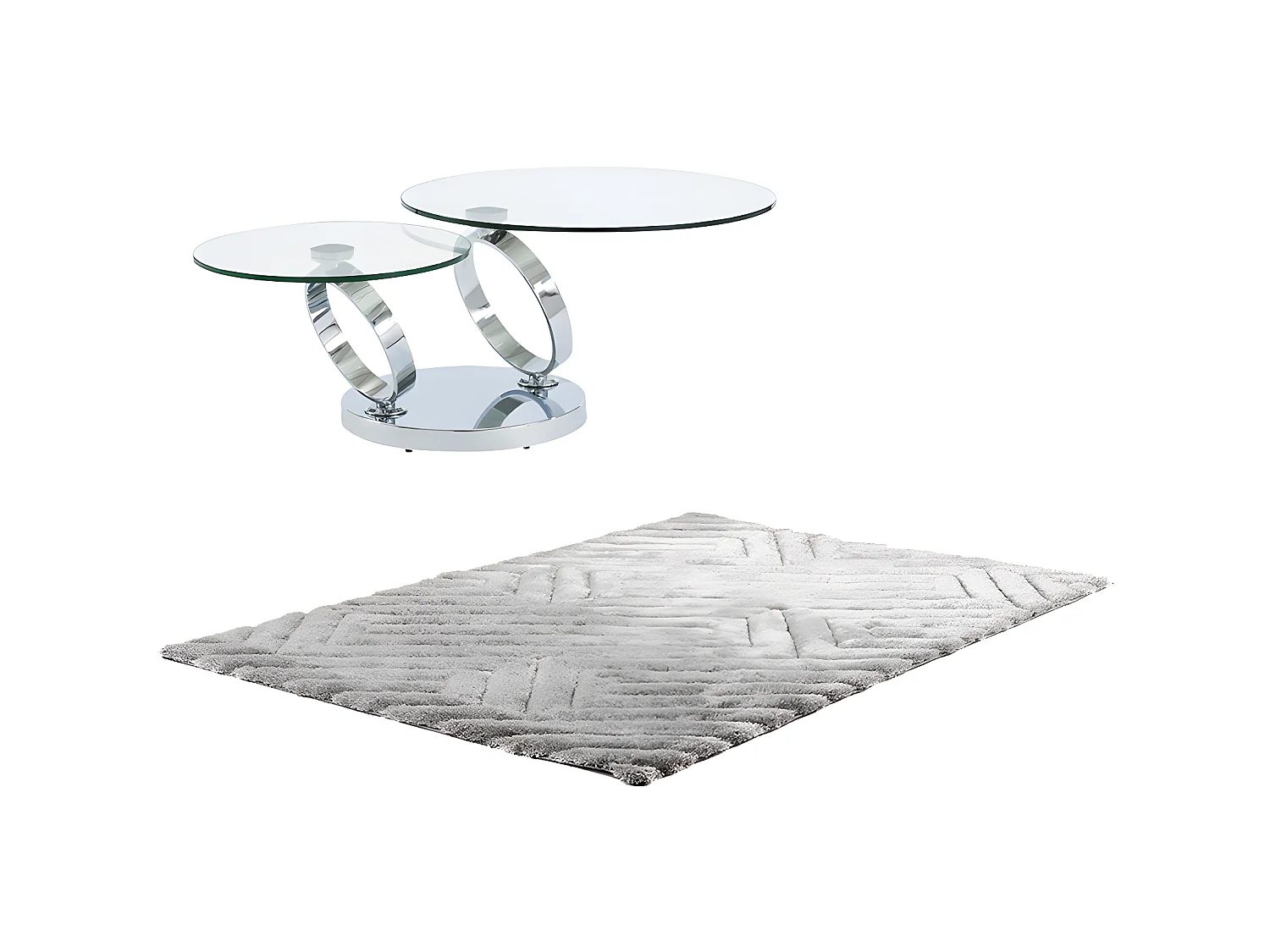 Ensemble table basse plateau pivotant transparent JOLINE et tapis shaggy gris MAZE