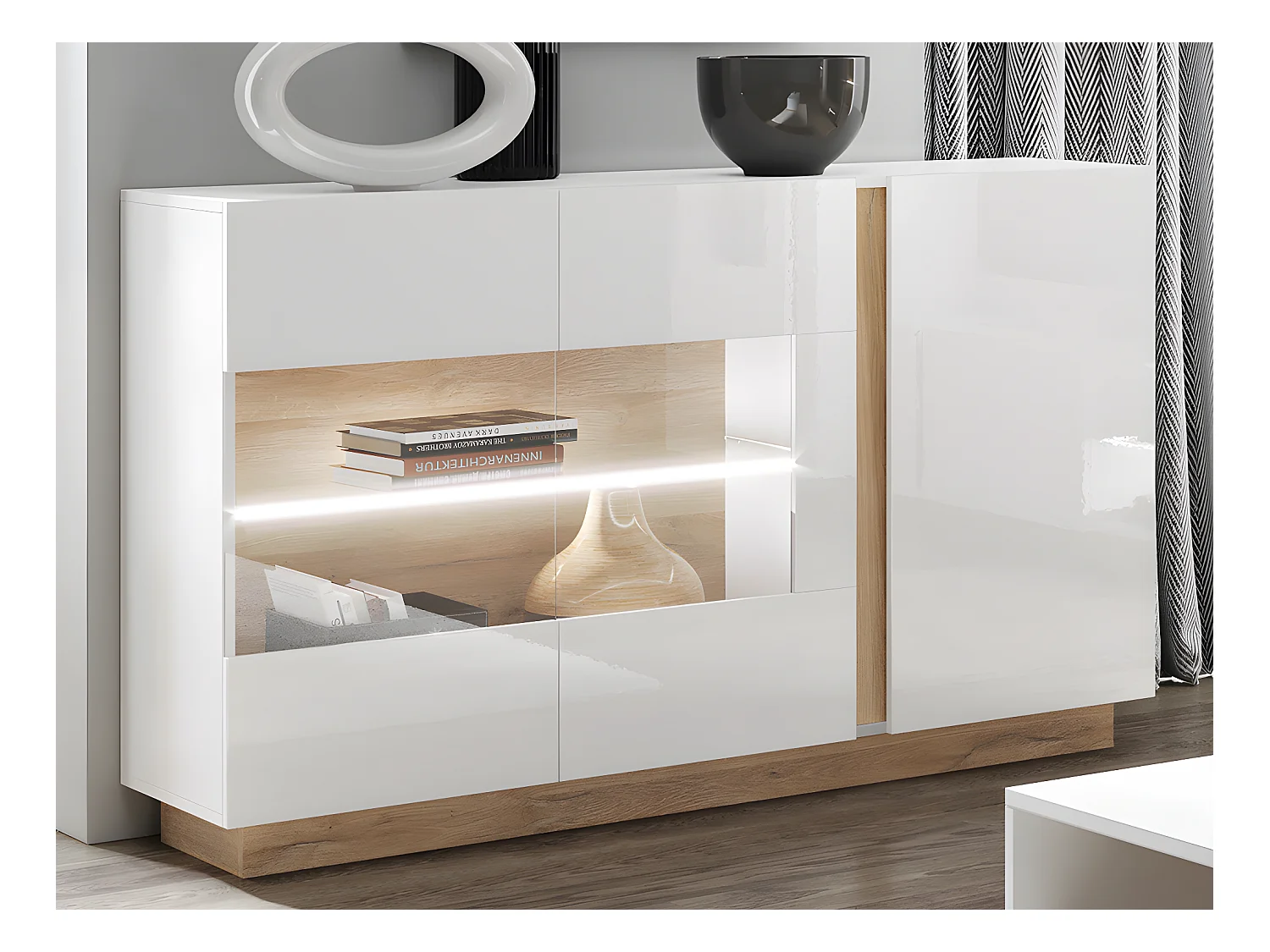 Ensemble buffet et meuble TV blanc brillant et naturel - Séjour lumineux MURARI