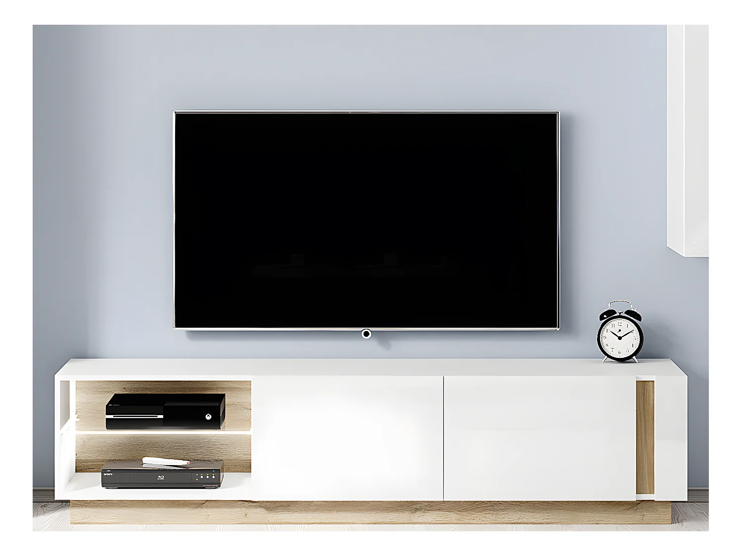 Ensemble buffet et meuble TV blanc brillant et naturel - Séjour lumineux MURARI