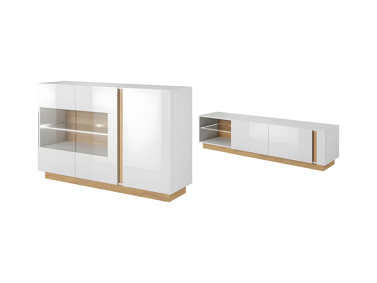 Ensemble buffet et meuble TV blanc brillant et naturel - Séjour lumineux MURARI