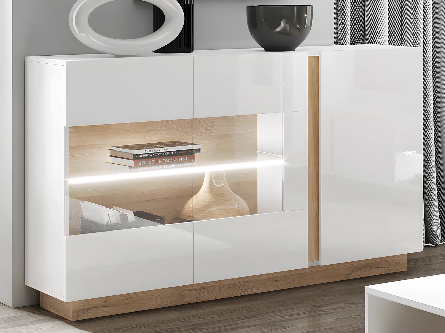 Ensemble buffet et meuble TV blanc brillant et naturel - Séjour lumineux MURARI