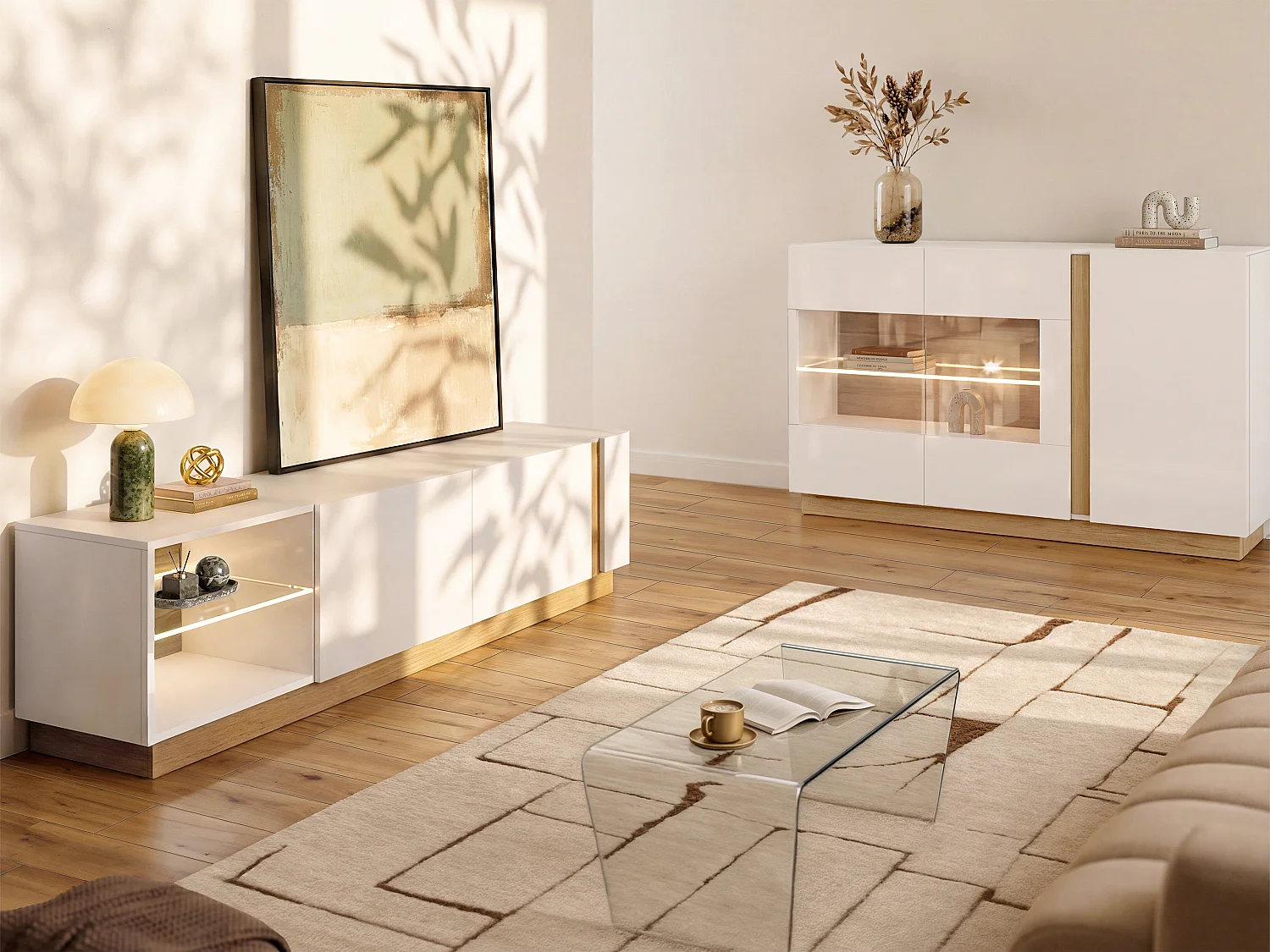 Ensemble buffet et meuble TV blanc brillant et naturel - Séjour lumineux MURARI