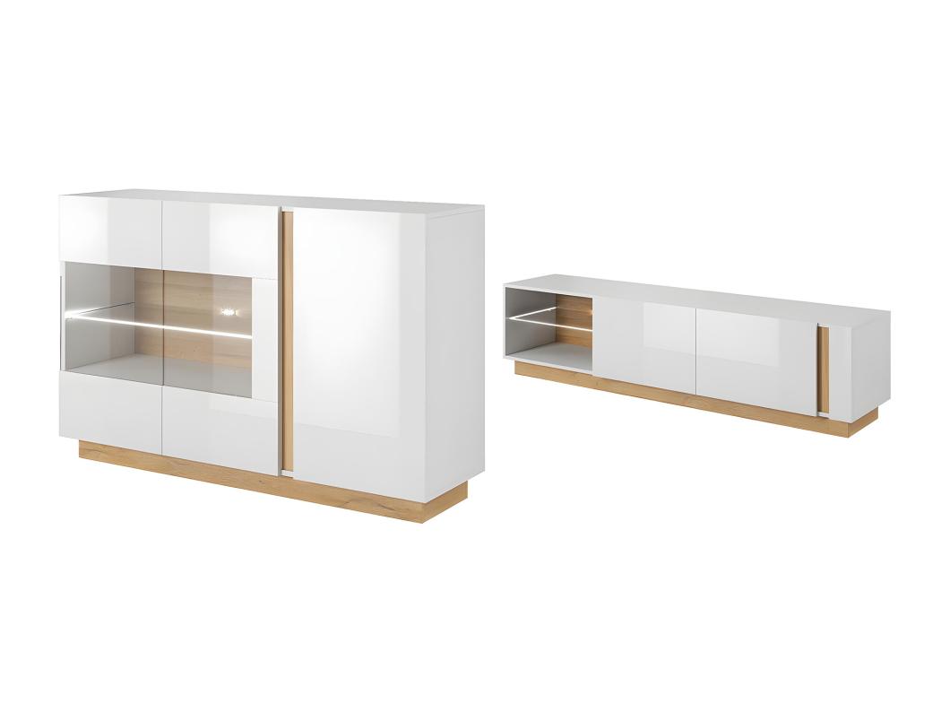 Ensemble buffet et meuble TV blanc brillant et naturel - Séjour lumineux MURARI