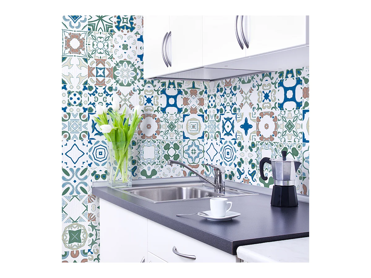 Sticker Mural Carrelage adhésif Cuisine Salle de Bain - 9 STICKERS CARRELAGES AZULEJOS BRIGITTA - 9stickers10x10cm