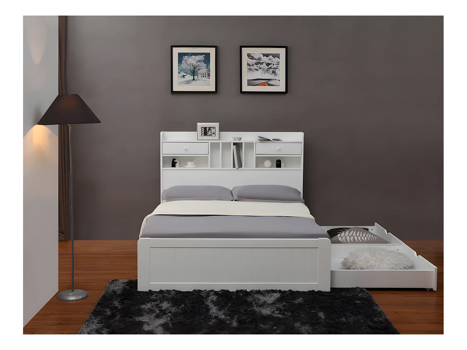 Lit avec rangements 140 x 190 cm - Blanc - MEDERICK