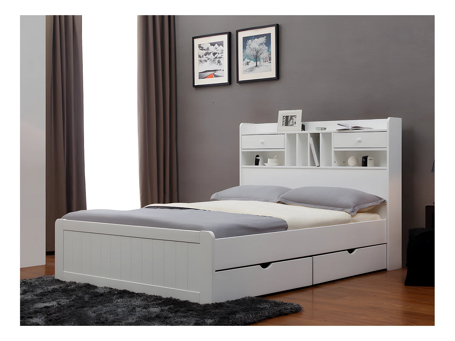 Lit avec rangements 140 x 190 cm - Blanc - MEDERICK