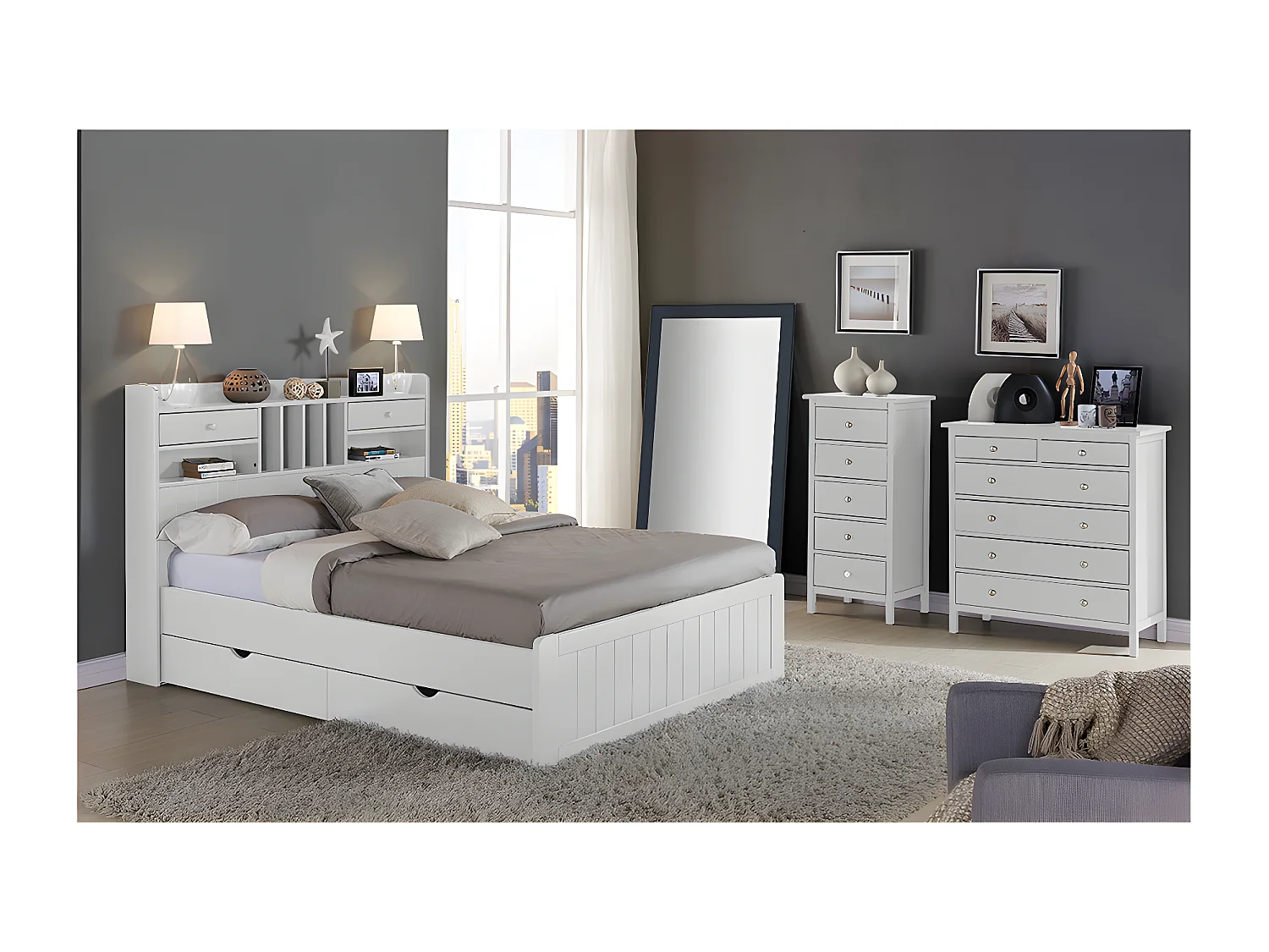 Lit avec rangements 140 x 190 cm - Blanc - MEDERICK