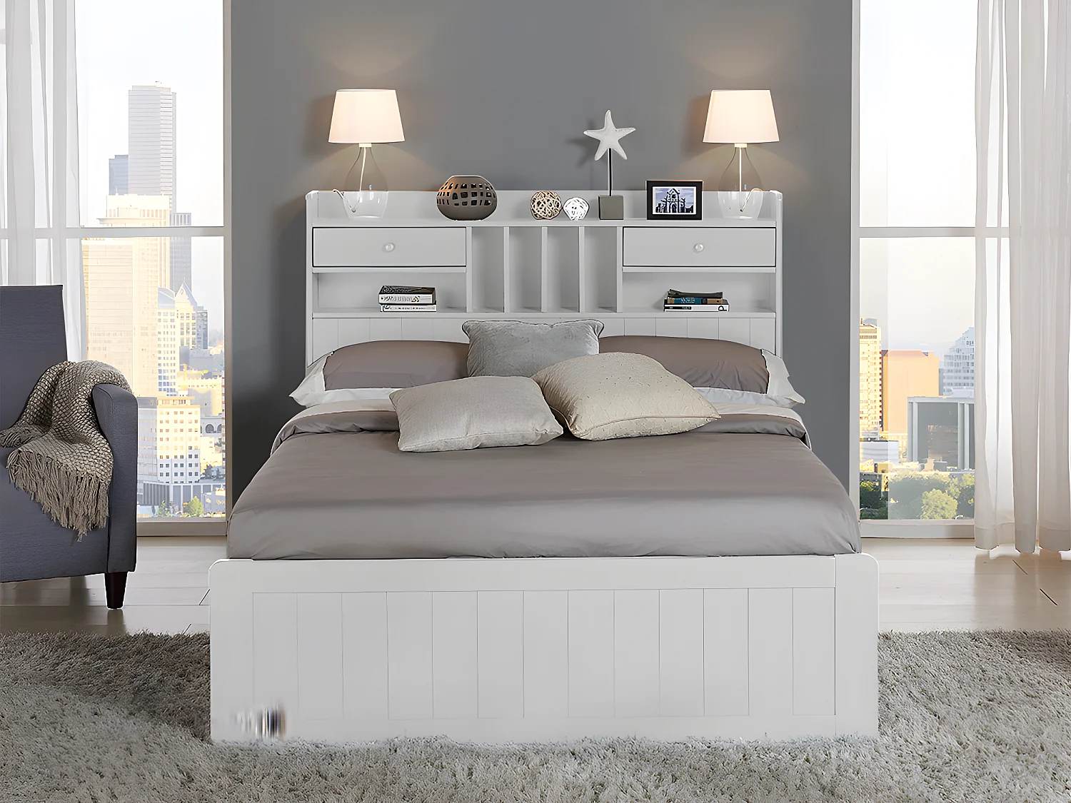 Lit avec rangements 140 x 190 cm - Blanc - MEDERICK