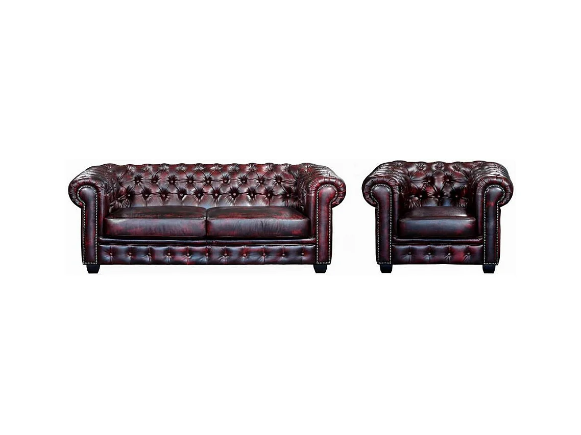 Canapé chesterfield 3 places et un fauteuil BRENTON 100% cuir de buffle - Bordeaux