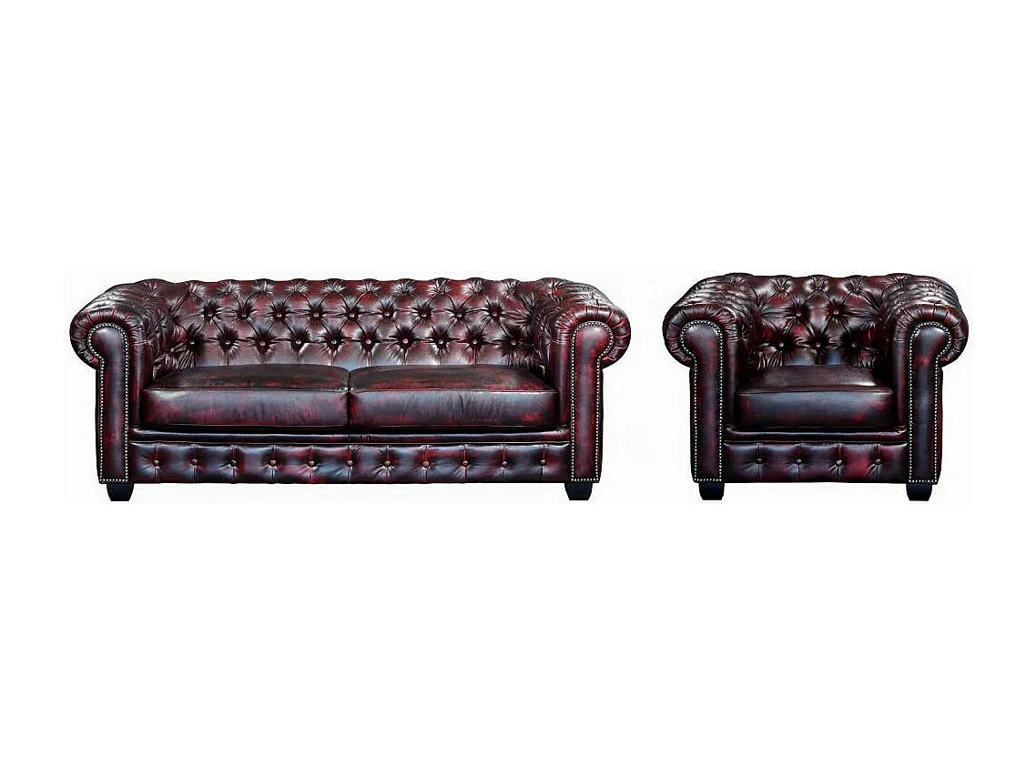 Canapé chesterfield 3 places et un fauteuil BRENTON 100% cuir de buffle - Bordeaux