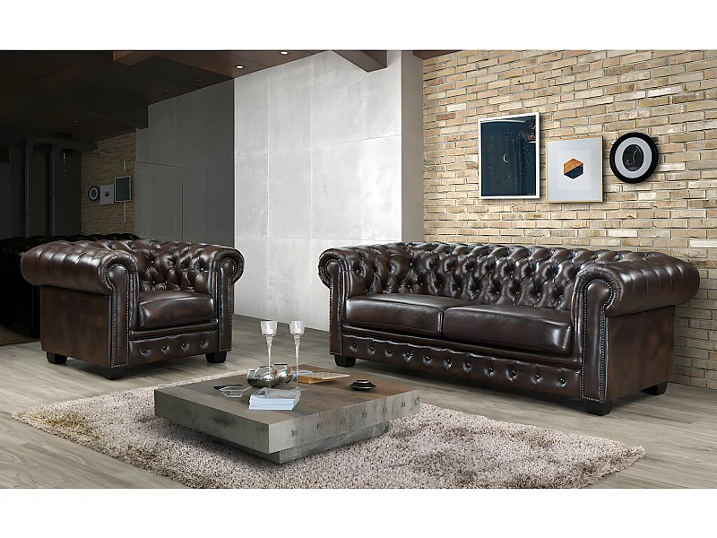 Canapé chesterfield 3 places et un fauteuil BRENTON 100% cuir de buffle - Marron reflets châtains