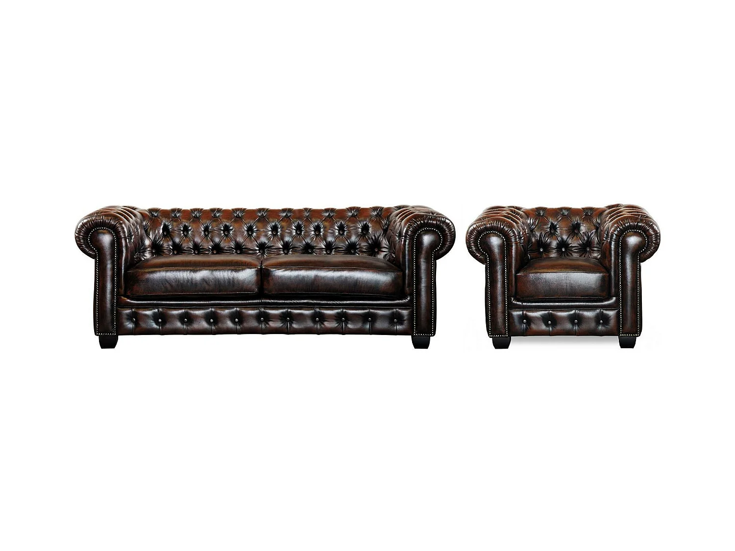 Divano Chesterfield a 3+1 posti 100% cuoio di bufalo Marrone con riflessi castani - BRENTON