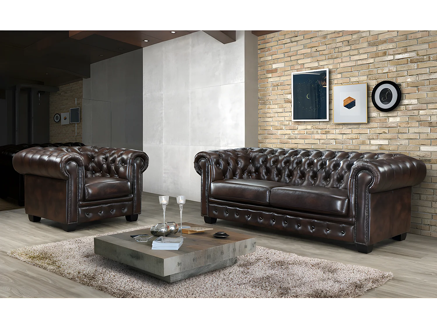 Divano Chesterfield a 3+1 posti 100% cuoio di bufalo Marrone con riflessi castani - BRENTON