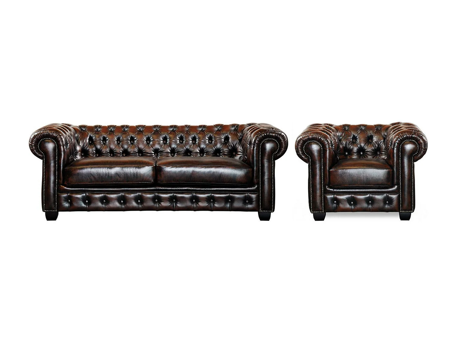 Canapé chesterfield 3 places et un fauteuil BRENTON 100% cuir de buffle - Marron reflets châtains
