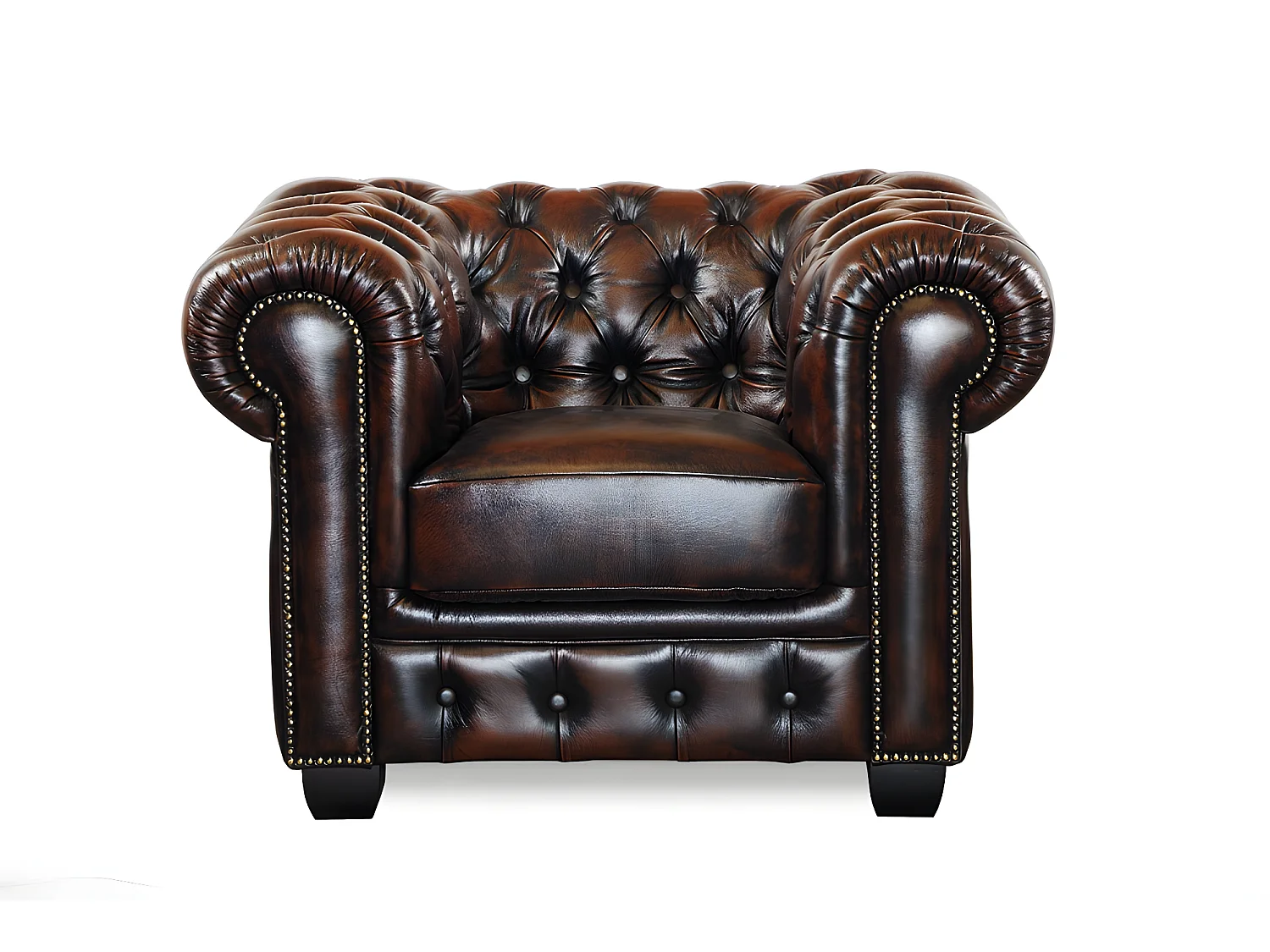 Canapé chesterfield 3 places et un fauteuil BRENTON 100% cuir de buffle - Marron reflets châtains